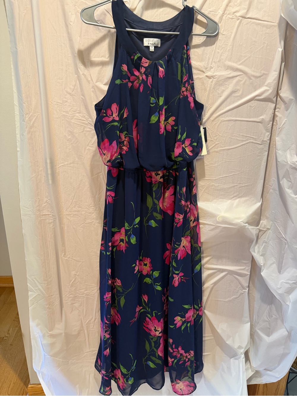Robbie Bee Navy Floral Maxi Dress with Pink Blossoms
